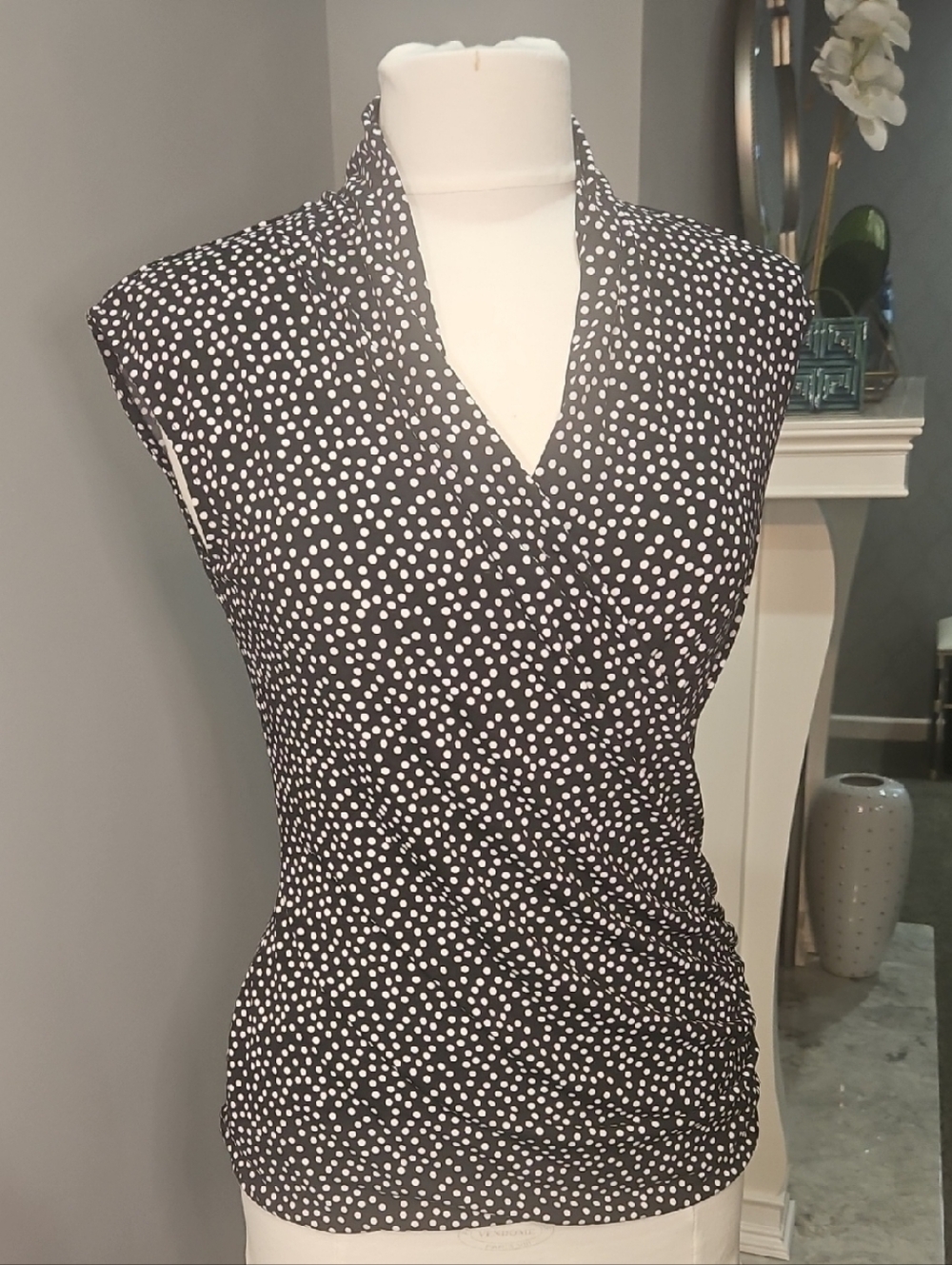Chaus Black and White Polka Dot Wrap-Style Women's Top